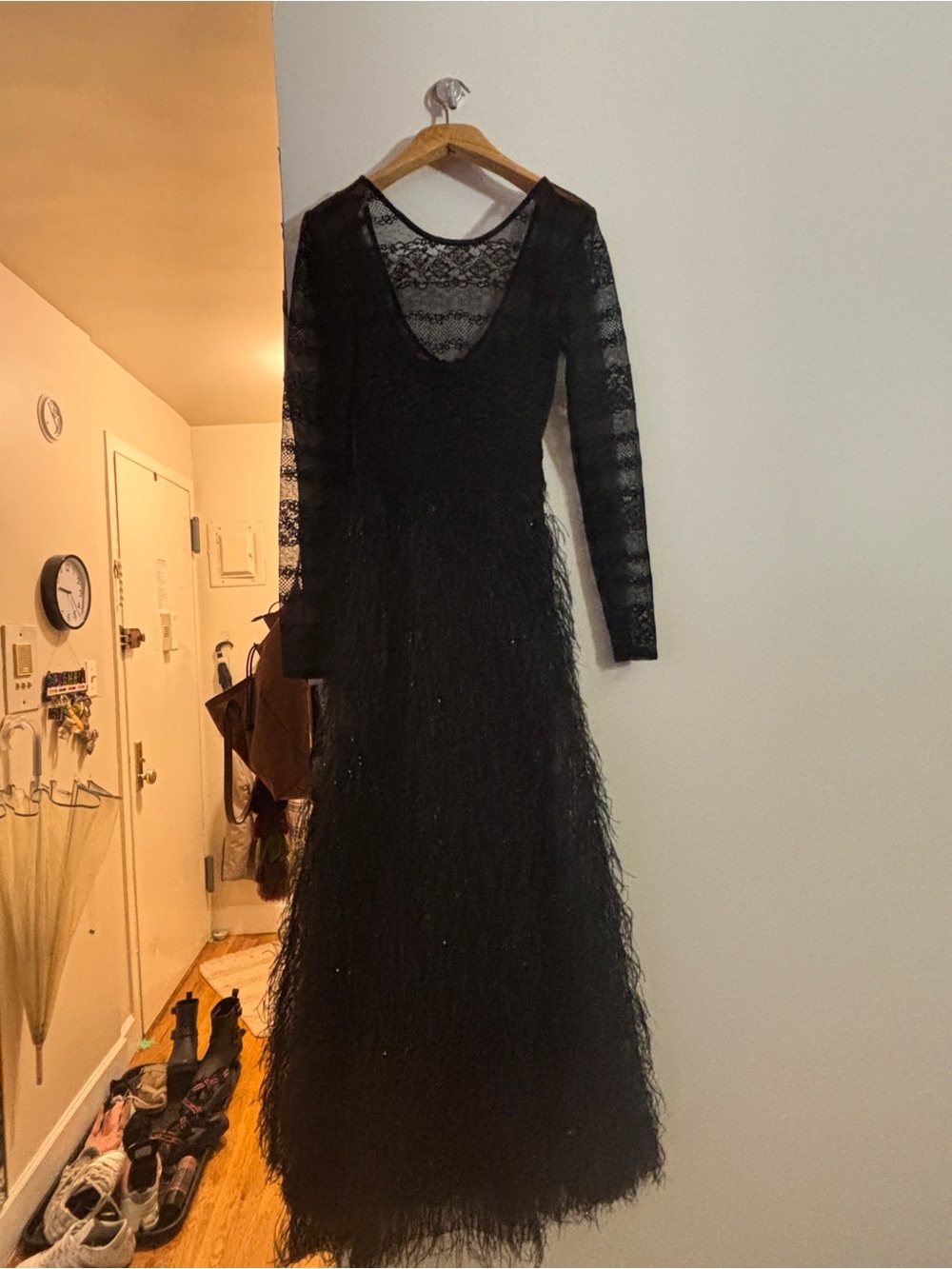 BCBGMaxAzria Black Lace Long-Sleeve Feathered Maxi Dress